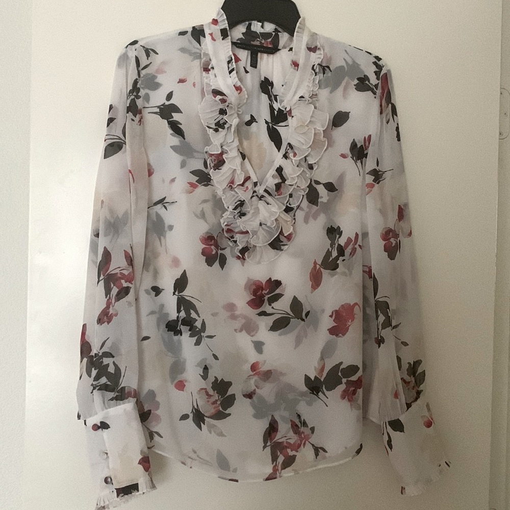 White House Black Market sheer floral ruffle blouse